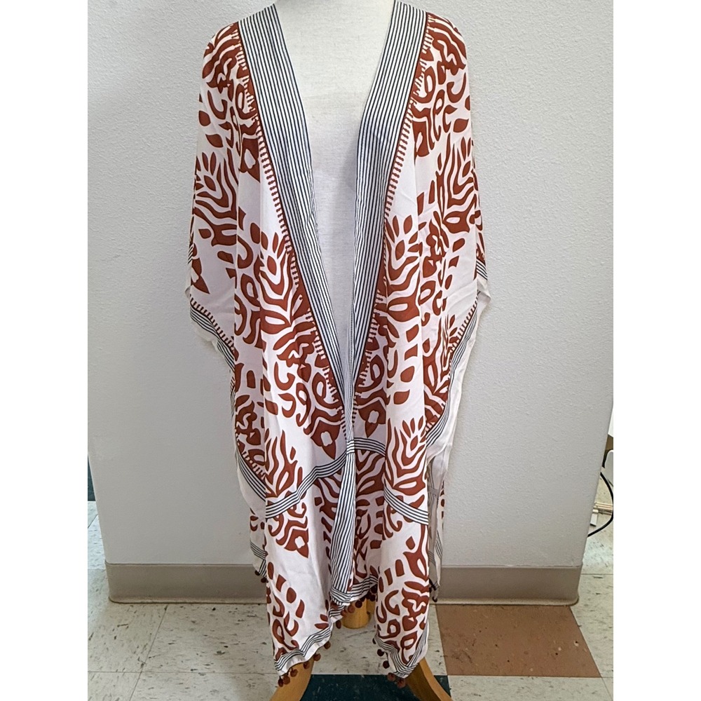 Boho Damask Print Kimono Cardigan Cover Up Rust‎ Brown White Pom Pom Trim OS